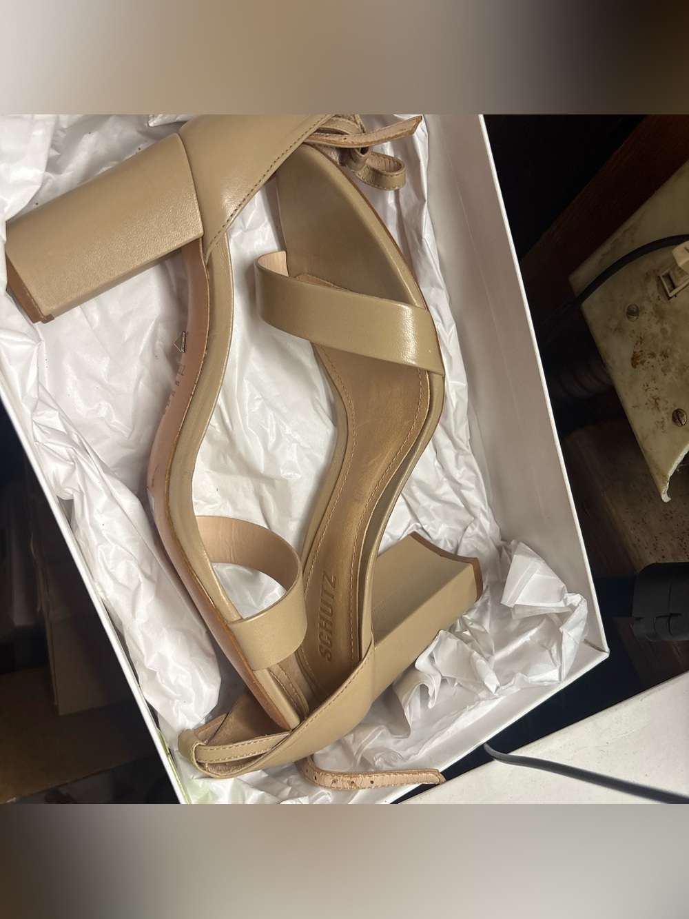 SCHUTZ Beige Block Heel Sandals with Ankle Tie Sz 8.5 new display shoes